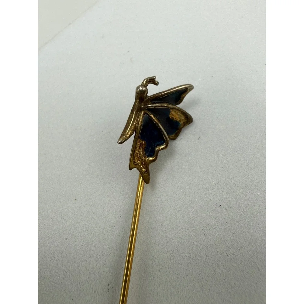 Vintage‎ Butterfly Stick Pin Blue Enamel Gold Tone Lapel Hat Pin Accessory